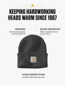 Carhartt Unisex Solid Ribbed Cuffed Knit Beanie Patch Label Warm Winter Streetwear Skull Hat - Black - View 2
