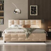 Upholstered Bed 180*200cm, Slatted Frame, Hydraulic Single Bed, Dutch Velvet Fabric, Beige - Beige - View 5