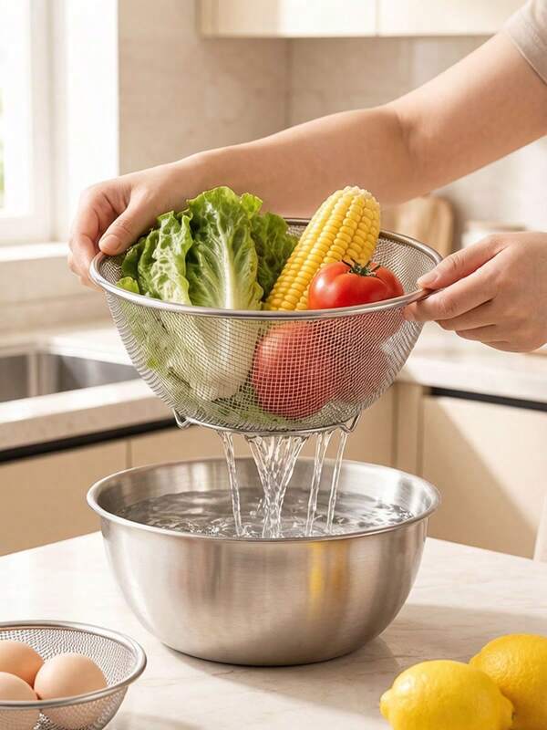 Stainless Steel Kitchen Colander Set With Strainer Basket And Mixing Bowl, Multi-Functional Rice Washing Basin, Fruit And Vegetable Colander, Rice Strainer, For Washing Vegetables, Fruits, Rice And Draining Pasta, Suitable For Healthy Meal Prep, Enhancing Kitchen Efficiency, Practical Kitchen Tool