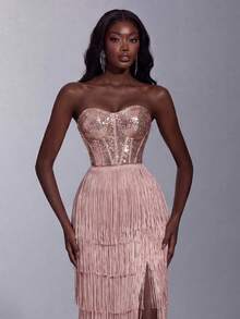 Elegant Heart-Neckline Tassel Evening Dress, Sequin Embellished Bodice, High Thigh Slit, Suitable For Photography, Formal Dinner, Ball - Champagne - View 3