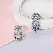 1pc S925 Sterling Silver Dreamcatcher Tassel Bead, Original Star Moon Heart Butterfly Hollow Pattern, Paired With Gradient Colorful Glazed Feathers And Colorful Zirconia, Romantic Bohemian Style, Suitable For Bracelet Necklace, Handmade DIY Jewelry Making Accessories, Symbolizing Protection Of Beautiful Dreams - Multicolor - View 7