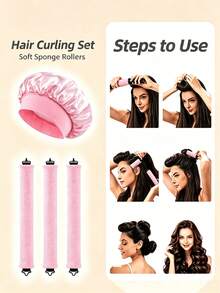 1 Set Heatless Curling Set With Satin Sleep Cap, Heatless Foam Curlers For Overnight Natural Waves, Soft Foam Curling Rods, Damage-Free DIY Hairstyling Tool, 3 Colors Black/Coffee/Pink, Gentle Curling Kit For Women With Long Hair For Sleeping - One Size Fits All - View 7