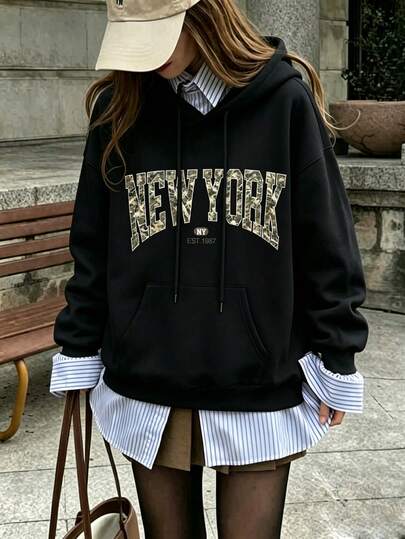 Sudadera con letra de universidad americana estilo camuflaje de Nueva York, sudadera tipo pullover con estampado de eslogan vintage urbano del año, manga larga casual de estilo callejero americano, top de capas diario estilo urbano Y2K para viajes