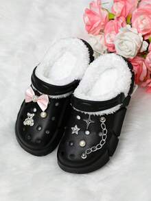 HOEASE Girls' Winter Plush Lined Garden Clogs, EVA Indoor Slippers, Slip-On Design, Comfortable Fabric Material, Ideal Gift For Halloween And Christmas - Black - View 3