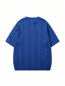Men's Unisex Round Neck Knit Top, Casual Loose Fit Solid Color Half-Open Collar Short Sleeve T-Shirt, Spring/Summer - Blue - View 4