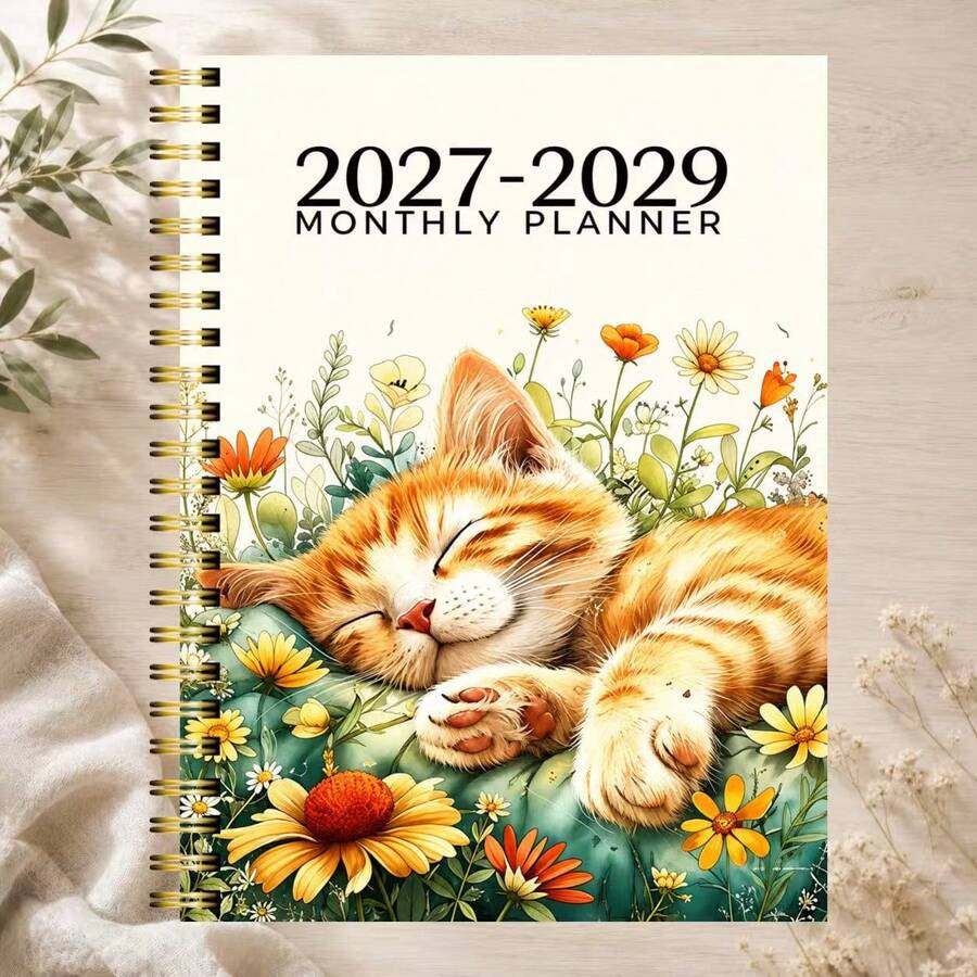 2027-2029 Monthly Customized Calendar/Planner - January 2027 To December 2029, 4-Year Monthly Customized Calendar, Cat Theme Cover Design Notebook, Annual Calendar Planner, Monthly Tabs, 48 Months - A - View 1