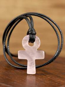 Yumfeel Natural Rose Quartz Ankh Cross Necklace Bohemian Unisex Style Handwoven Everyday Wear Festive/Birthday Gifts Life Symbol Pendant - Pink - View 11