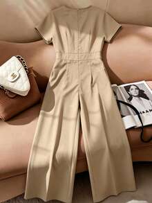 Women's New Solid Color Cutout Pocket Wide Leg Jumpsuit, Suitable For Daily, Office, Vacation In Spring & Summer - Recommend Sizing Up One Size For Slim Fit - Khaki - View 9