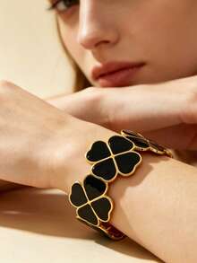 1 buah Gelang Bangle Terbuka Stainless Steel Enamel Desain Daun Semanggi Empat Daun Minimalis untuk Wanita, Cocok untuk Liburan, Kencan, atau Sebagai Hadiah Liburan untuk Teman - Yellow Gold - View 5