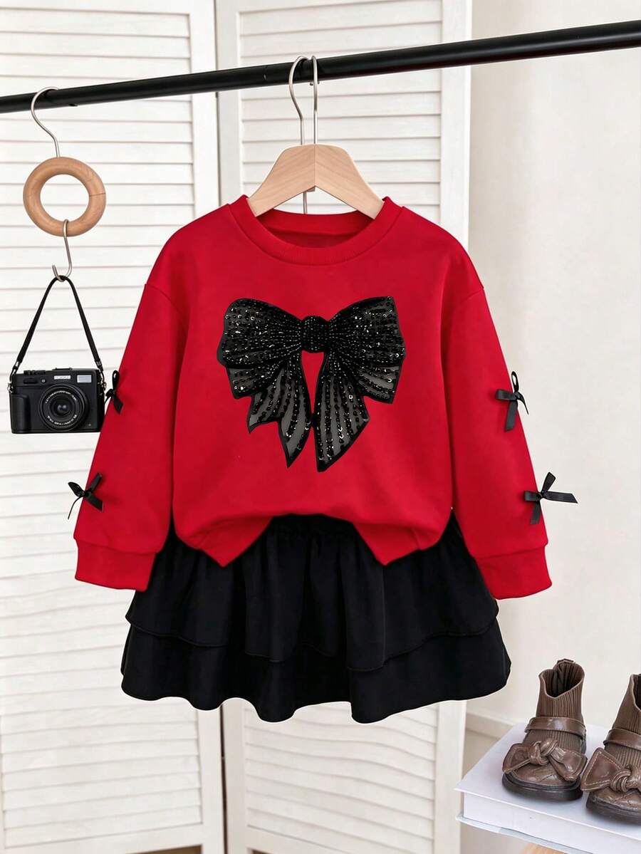 Young Girl Cartoon Print Crew Neck Long Sleeve Sweatshirt And Skirt Set - Red - View 1