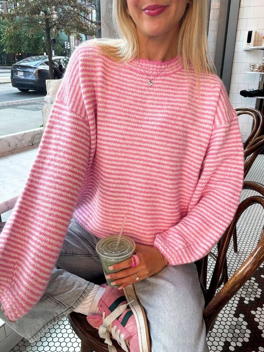 Women's Autumn/Winter Fashion Casual Youthful Color-Block Striped Soft Loose Knit Round Neck Pullover Sweater - Pink - View 1