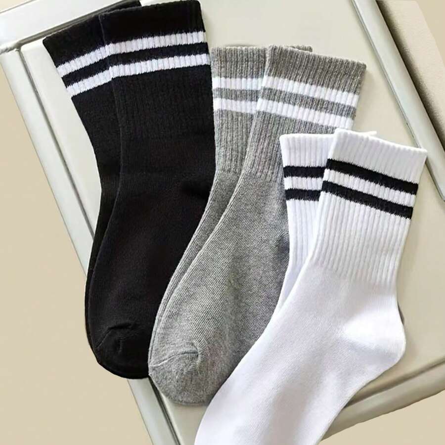 12/6/3 Pairs Unisex Striped Print Casual Crew Socks, Suitable For Daily Wear, Autumn Style - Multicolor - View 1