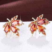 1 Pair Elegant Maple Leaf Design Cubic Zirconia Stud Earrings For Women, Casual Gift Design - Multicolor - View 17