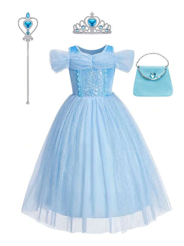 4pcs Set Kostum Anak Perempuan: Gaun Tulle Lengan Kelopak Motif Bunga Biru Muda, Mahkota, Tongkat Sihir, dan Tas Tangan.