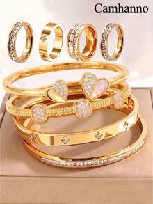 Camhanno 8pcs Creative Stainless Steel Plated 18K Gold Set, Full Diamond Bracelet, Ring, Date Wear Bracelet - Gold - View 2