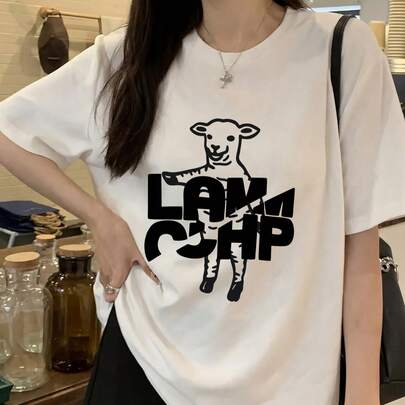 スタイリッシュなレディース ラウンドネック 半袖Tシャツ ラム柄 カジュアル ドロップショルダー レギュラー丈 トップス 快適なニット生地