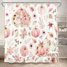 1/4pcs Thanksgiving Autumn Harvest Pink Maple Leaf Pumpkin Shower Curtain Set, With 12 Hooks Waterproof Polyester Shower Curtain, Bathroom Curtain, Privacy, Thickened, Durable Quick Dry - A - View 15
