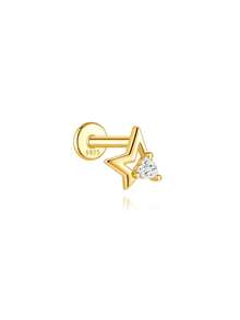 1Pc 925 Sterling Silver Five‑Pointed Star CZ Nose Stud Flat Back Hypoallergenic Body Cartilage Piercing Jewelry For Women Men Daily Wear & Gifts - Gold - View 9