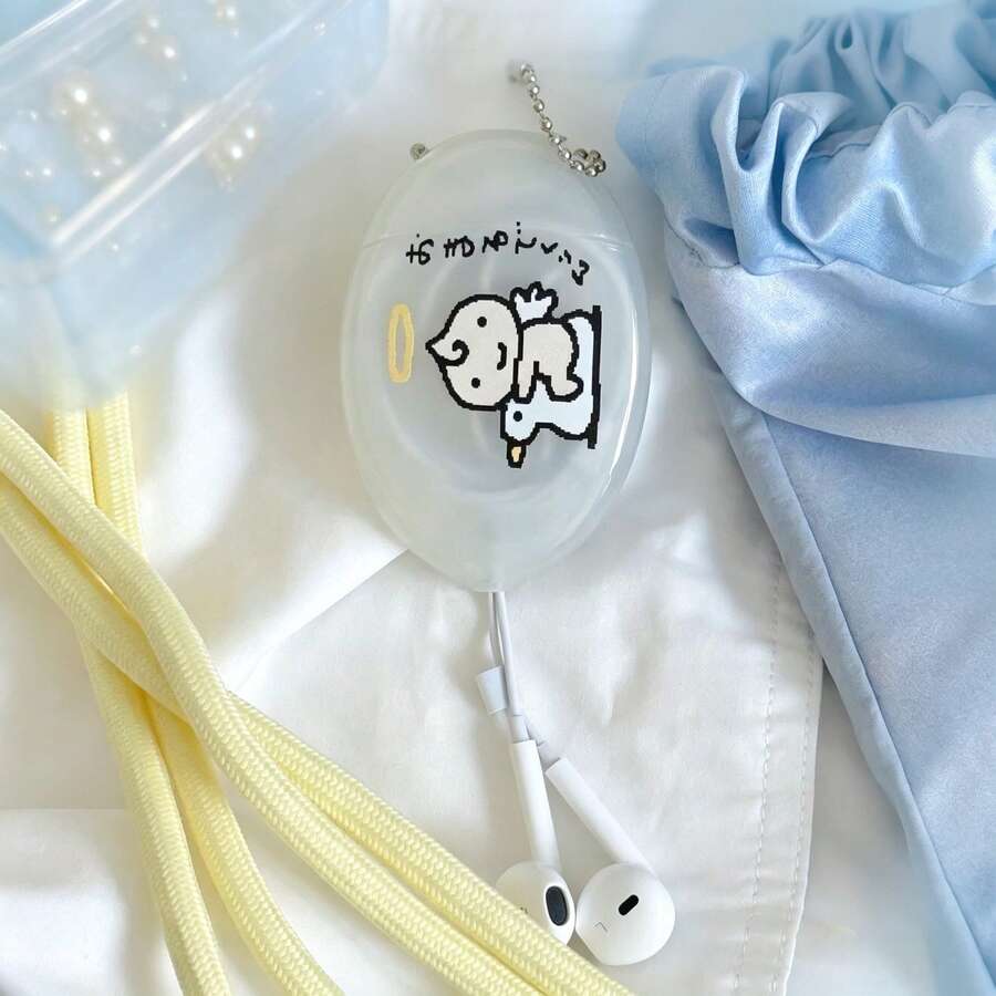Cute Cartoon Baby Print Oval Transparent Coin Purse, Portable Mini Earphone Storage Box With Metal Bead Chain Keychain, Can Hold Coins, Earphones And Other Small Accessories - A - View 1