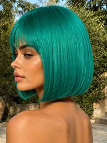 Women's 12 Inch Short Bob Wig, Synthetic Blue-Green Color, With Bangs, Glueless Bob Wig, Fashionable Elegant Versatile, Suitable For All Women Daily Wear, Party, Cosplay,Halloween - Cyan - View 3