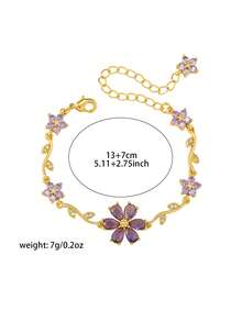 3pcs/Set Colorful Zirconia Flower Bracelet, 18K Gold Plated Luxury Floral Colorful Diamond Petal Thin Bracelet For Women - Gold - View 2