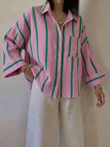 Plus Size Pink & Green Vertical Striped Button-Down Shirt, Women's Lapel Collar Long Sleeve Pocket Loose Casual Blouse - Pink - View 10