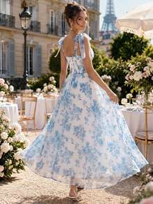 Women's Blue Floral Print Bow Tie Shoulder Mid-Length Dress, Sweetheart Neckline, Cinched Waist, Flared Skirt, Summer Autumn Garden Party, Wedding Guest, Holiday Vacation - Blue - View 3