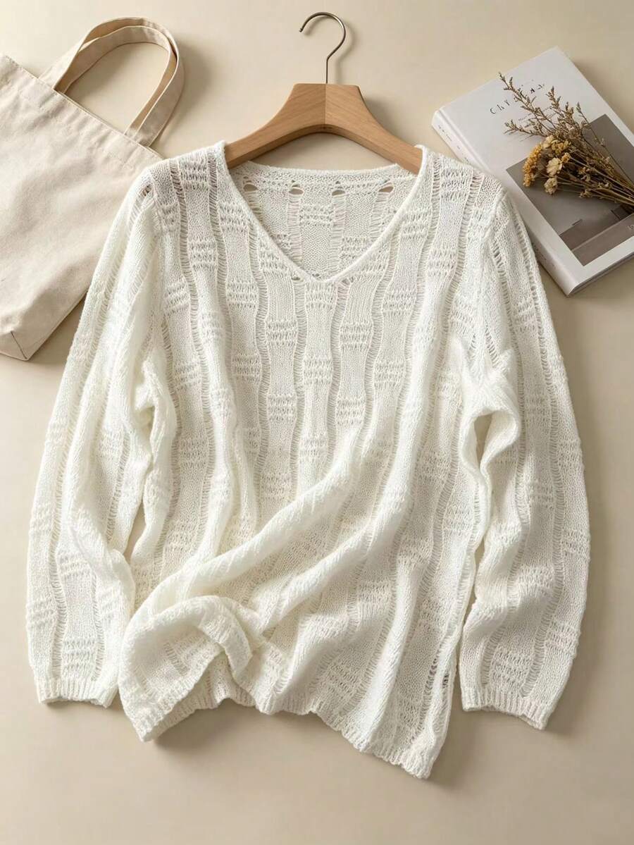 Casual Loose Thin Solid Color Minimalist Versatile Hollow Out Long Sleeve Knit Top - White - View 1