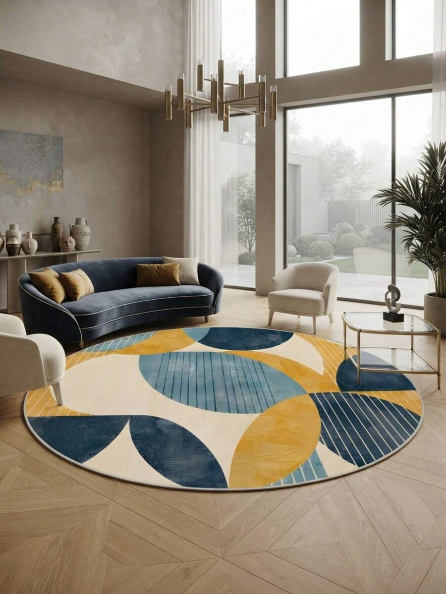 1pc Modern Round Area Rug - Navy Blue, Mustard Yellow, Beige Geometric Pattern Decorative Carpet, Suitable For Decorative Mat, Bedroom Decor, Living Room Carpet, Outdoor Rug, Machine Washable Carpet, Home Decor - Multicolor - View 1