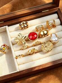 Set de 20/13/6 piezas de anillos vintage elegantes bohemios para mujer, joyería de dedo con gemas de colores irregulares y piedra de ojo de gato, para uso diario, fiesta, vacaciones y regalo - Dorado - Ver 14