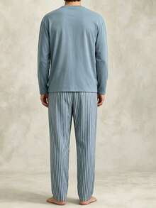 Men's Autumn/Winter Pajama Set Minimalist Cartoon Tilted White Duck Print Long Sleeve Striped Print Pants Loungewear 2 Pieces - Multicolor - View 2