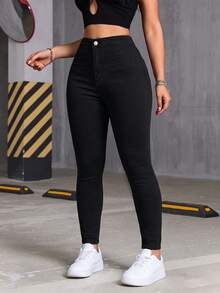 Women's Casual Black Slim Fit Jeans, Button And Zipper Detail Design, Long Length, Medium Stretch, Suitable For Autumn/Winter Wear. - Black - View 3
