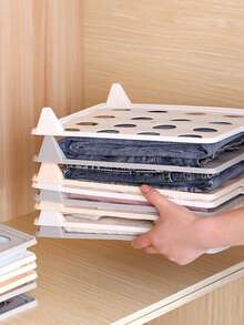 5pcs Stackable Plastic Clothing Storage Rack With Lid - Foldable Space-Saving Shirt And Pants Organizer, Easy Access Design, Suitable For Home Closet Storage, Slouchy Person Creative Closet Folding Storage Board, Multi-Functional Household - Multicolor - View 2