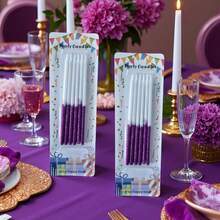 6 piezas de velas largas de cumpleaños con degradado de blanco a púrpura con purpurina, velas de decoración de pastel de lujo de doble color con base fija, elegantes adornos para postres, adecuadas para fiesta de cumpleaños, celebración de mujeres, banquete con tema púrpura, aniversario, decoración de mesa de postres de boda - Ver 7