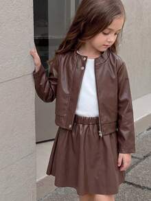 Girls' Autumn/Winter PU Jacket Set, Fashion Solid Color PU Leather Button & Zipper Jacket With PU Leather Skirt, 2 Pieces Casual Streetwear Outfit - Brown - View 5