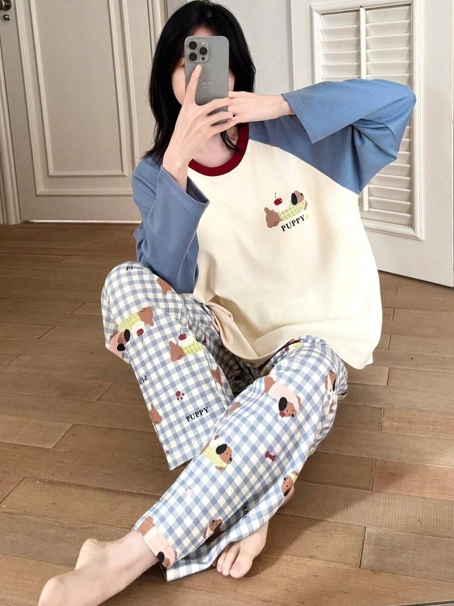 2pcs/Set Women's Pajamas Loungewear Set, Round Neck Pullover Cute Dachshund Dog Print Minimalist Long Sleeve Long Pants, Suitable For All Seasons - Blue and White - View 1