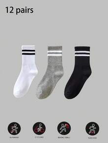 12/6/3 Pairs Unisex Striped Print Casual Crew Socks, Suitable For Daily Wear, Autumn Style - Multicolor - View 6