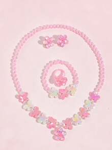 5pcs/Set Glitter Floral Beaded Jewelry Set Necklace Bracelet Ring Ear Clips Sweet Girl Dress Up Party Accessories Gift - one-size - View 7