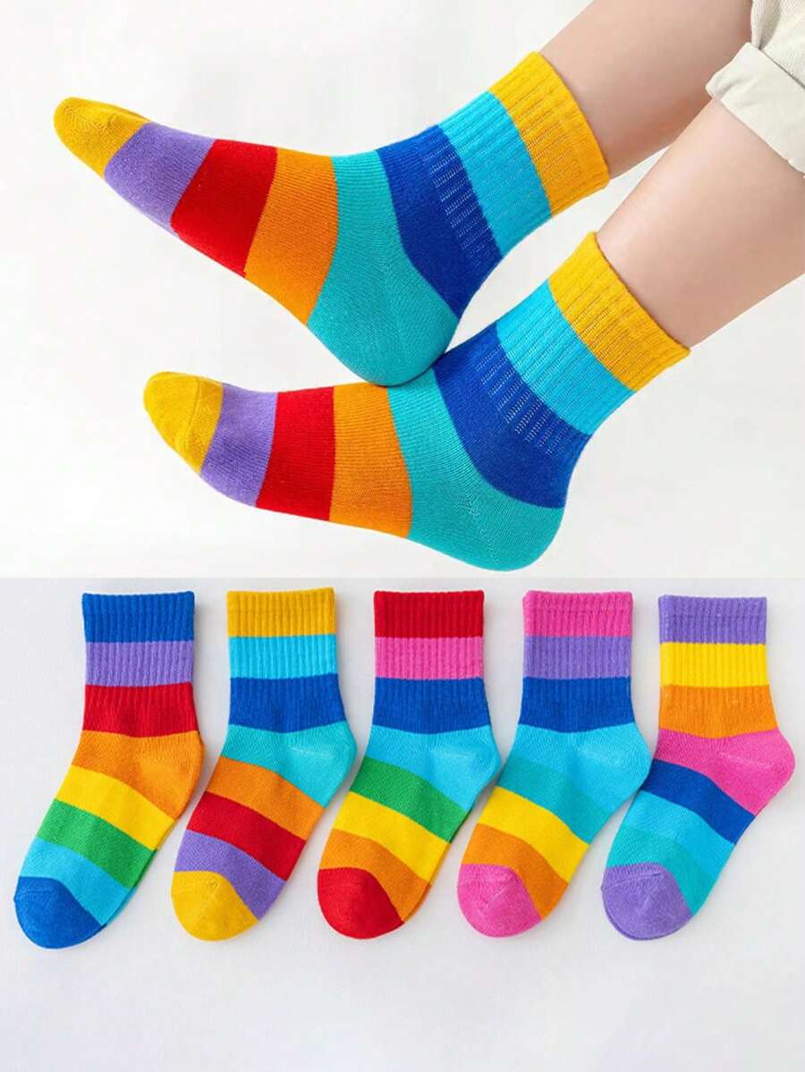 5 Pairs Girls Rainbow Color Block Knit Socks, Comfortable Breathable Soft Mid-Calf Socks, Suitable For Outdoor Wear, Back To School - Multicolor - View 1