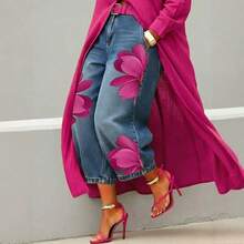 Women High Waist Big Floral Print Straight Leg Cropped Jeans, Side Flower Wide Leg Denim Capri Pants, Boho Vacation Casual Ankle Trousers - Red - View 3
