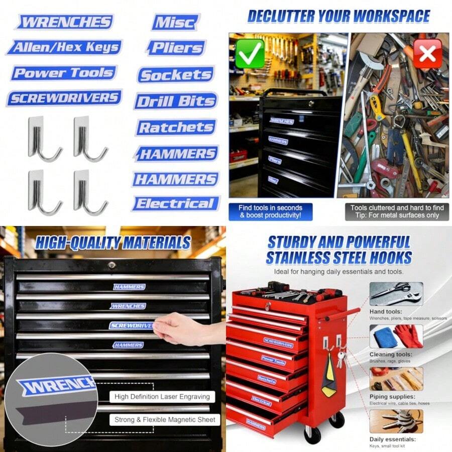 Magnetic Tool Box Labels And Hooks Set, 12 PCS Toolbox Magnetic Labels + 4PCS Self Adhesive Metal Hooks, Reusable Tool Box Accessories Organize For Steel Carts, Drawers, And Cabinets - Blue - View 1