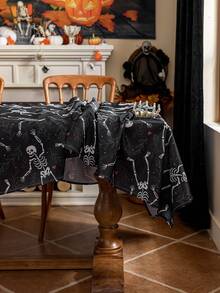 MineLain 1pc Halloween Party Tablecloth, Black, Skull Print Pattern, Rectangular Tablecloth, Washable, Tabletop Decoration, Holiday Decoration, Suitable For Halloween Event Decoration, Restaurant Decoration, Theme Party Decoration, Indoor And Outdoor Decor, Halloween Decoration - Black - View 10