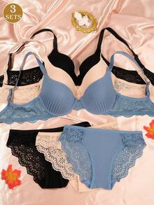 3 Set Bra dan Celana Dalam Renda Bergaris Motif Bunga untuk Wanita, Set Bra Renda Wanita - MultiWarna - View 1
