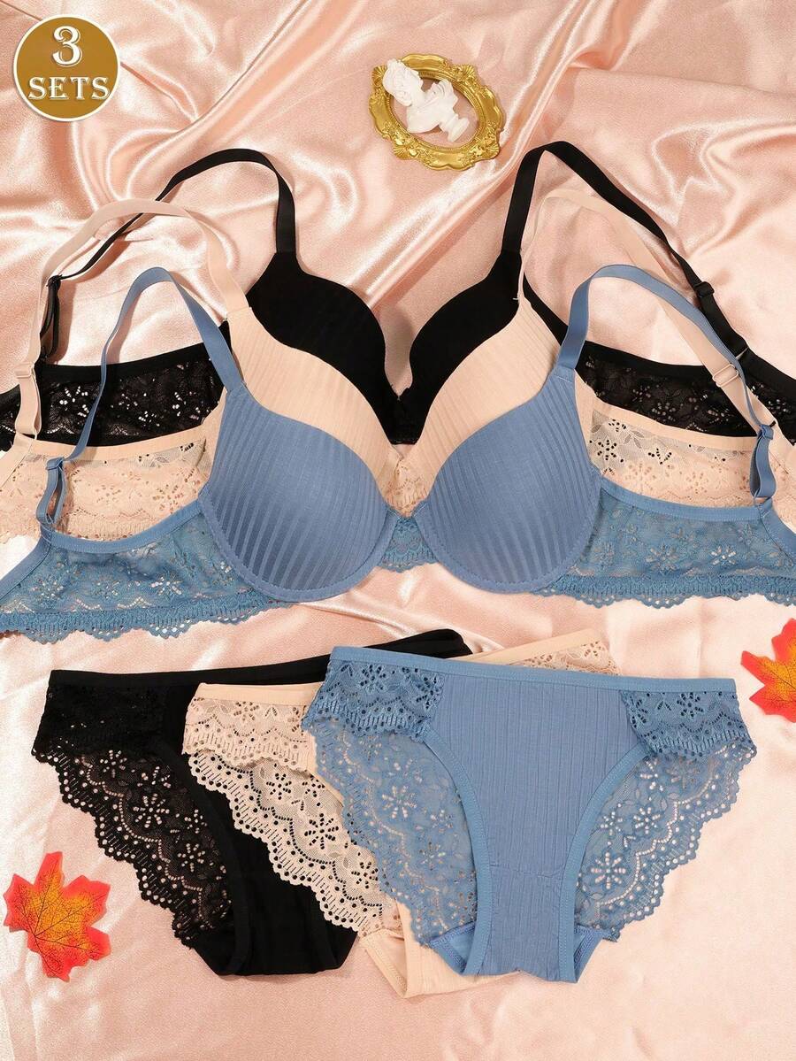 3 Set Bra dan Celana Dalam Renda Bergaris Motif Bunga untuk Wanita, Set Bra Renda Wanita - MultiWarna - View 1