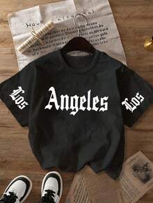 大尺碼女款休閒哥德風 Angeles 大膽字母印花圓領短袖 T-shirt 上衣，春夏秋季大尺碼黑色夏季款 - 黑色 - 查看 1
