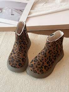 1 Pair Kids' Maillard Leopard Print Short Chelsea Boots With Inner Zipper Easy On/Off, Casual Boots To Pair With Denim Jacket - Brown - View 6