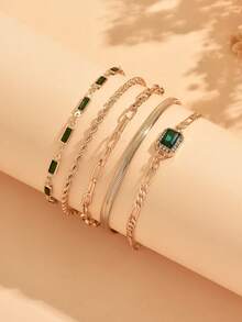 5pcs/Set Niche Luxury Bracelet Set, Emerald Green Square Rhinestone & Multi-Chain Combination Women's Jewelry, Gentle Elegant Design, Suitable For Daily Wear, Mature Style, Party And Vacation, Chain Length Cut, Number Of Links Uncertain - Multicolor - View 3