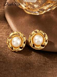 1 Pair Gold Stainless Steel Faux Pearl Stud Earrings, Exaggerated Round Fashion Elegant Personalized Earrings, Suitable For Women's Daily Wear, Halloween, Women's Jewelry - Gold - View 6