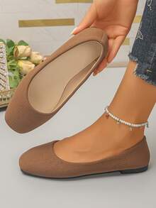 Plus Size 35-43 Spring/Summer New Fashion Casual Dark Flat Slip-On Square Toe Woven Texture Soft Sole Lightweight Comfortable Anti-Slip Wear-Resistant Versatile Ballet Shoes For Daily Commute - Dark Brown - View 3
