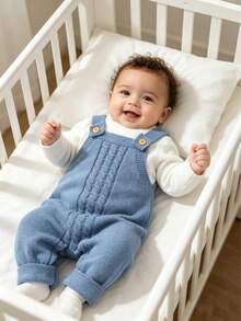 Baby Sweater Romper, Foggy Blue Cable Knit Suspender Crawler, Single Piece Solid Color Cable Knit Suspender Jumpsuit, Infant Vintage Romper - Blue - View 3